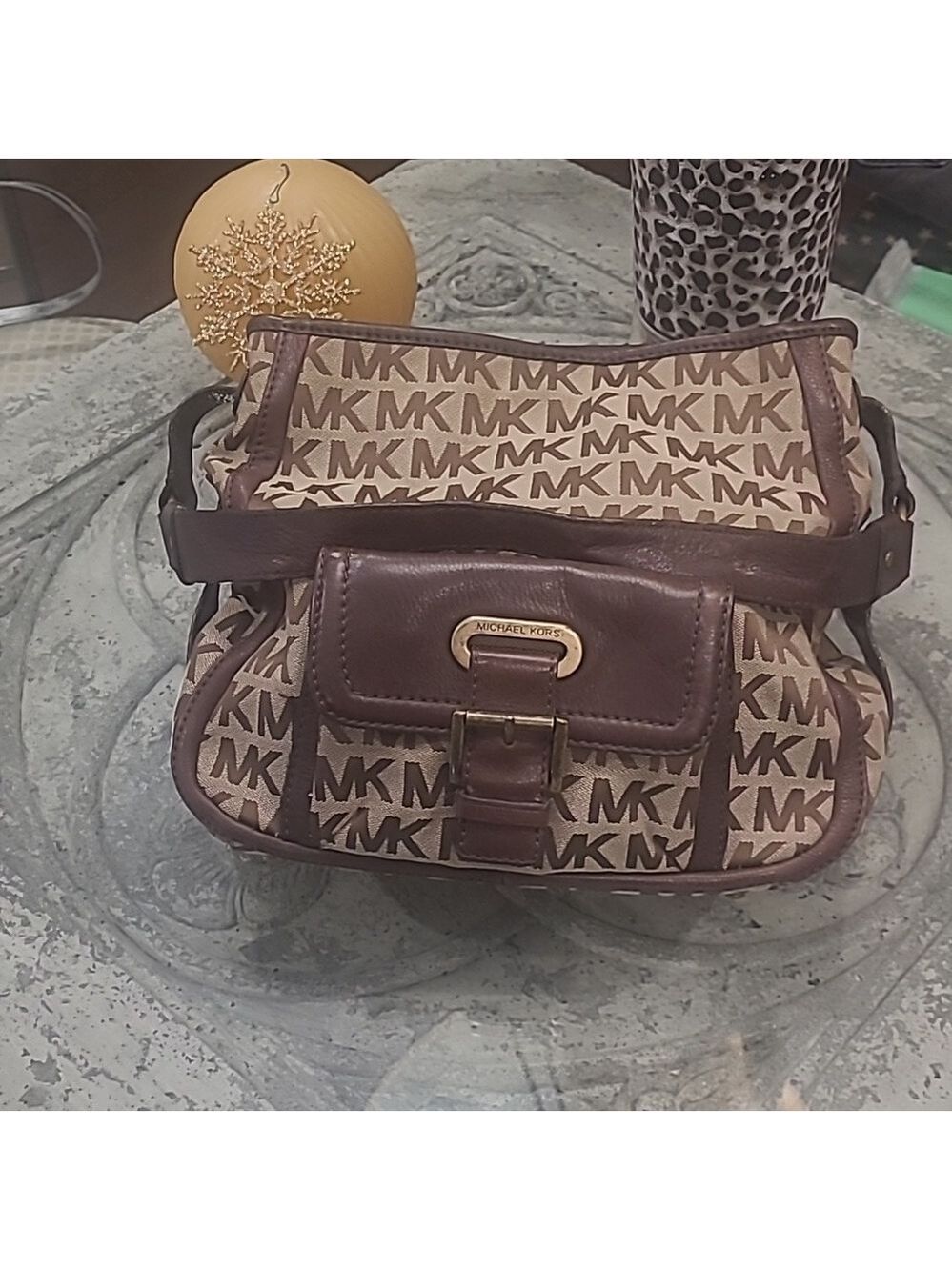 MICHAEL KORS LOGO SHOULDER LEARHER AND CANVAS BAG PURSE